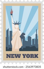 Vintage postcard stamp featuring Statue of Liberty holding torch and tablet with New York City skyline in background, celebrating American patriotism and history