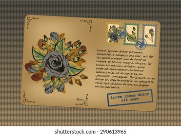 Vintage postcard. Stamps with flowers. Printing with place for your text. Retro background in rhombus. Vector graphics.