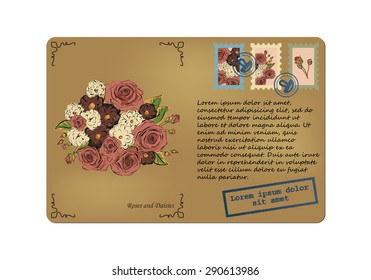Vintage postcard. Stamps with flowers. Printing with place for your text. White background. Vector graphics.