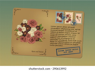 Vintage postcard. Stamps with flowers. Printing with place for your text. Retro background with stripes. Vector graphics.