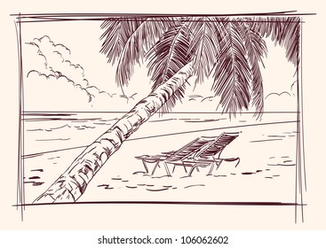 vintage postcard of summer beach with the sea hand drawn vector llustration