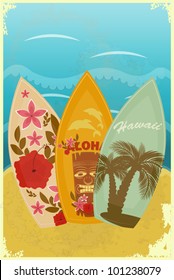 vintage postcard - Surfboards on the beach - vector illustration