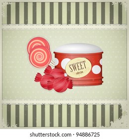Vintage postcard - Sweet Candy on grunge background - vector illustration