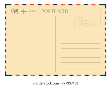 Vintage postcard template. Retro airmail envelope with stamp, airplane and globe. Vector
