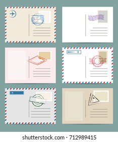 Vintage postcard template set. Vector airmail greeting cards with postmarks and postage stamps