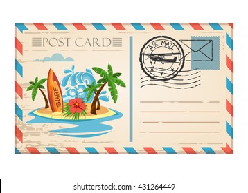 Vintage postcard travel surf wave with stamp air mail 