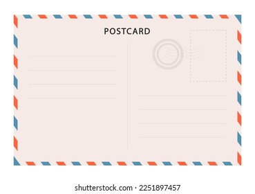 Vintage postcard vector template. Blank travel postcard. Post card frame. Retro mail envelope with stamp.