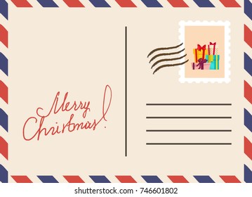 Vintage postcard vector template for Christmas with stamp and mistletoe