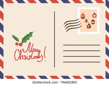 Vintage postcard vector template for Christmas with stamp and mistletoe