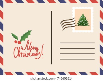 Vintage postcard vector template for Christmas with stamp and mistletoe