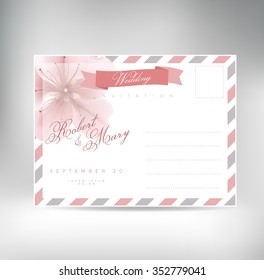 Vintage postcard vector template for wedding invitation with rose flower