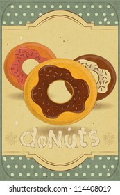 Vintage postcard, vertical cover menu - donuts on vintage background - vector illustration