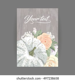 Vintage postcard vertical pumpkin, bright roses, small flowers and leaves in pastel colors on wooden surface, for Halloween, harvest festival, birthday or party, banner vector illustration