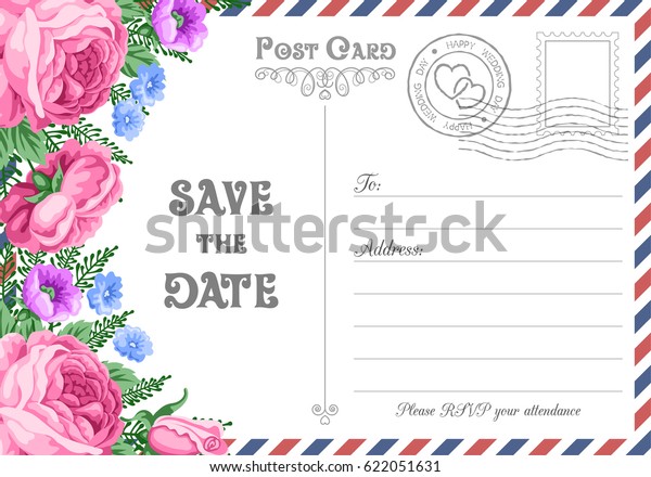 Vintage Postkarte Hochzeitseinladung Vorlage Mit Blumen Stock Vektorgrafik Lizenzfrei