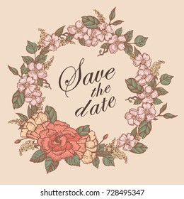 Vintage postcard with a wreath of flowers. Vector illustration. Vintage delicate flowers. Graphic style.