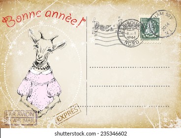 vintage postcard,hand drawing of goat, text in French "Happy new year". vector illustration