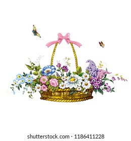 Vintage postcards with beautiful flowers in a basket and butterflies. Vector illustration.