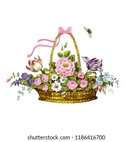 Vintage postcards with beautiful flowers in a basket and butterflies. Vector illustration