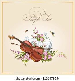 Vintage postcards with beautiful flowers, musical instruments, butterfly and notes. Vector illustration.