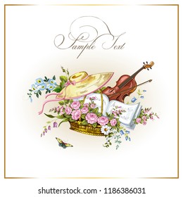 Vintage postcards with beautiful flowers, musical instruments, butterfly and notes. Vector illustration.