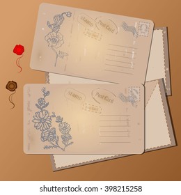 vintage postcards and envelopes with stamps, floral pattern and a stamps  sealing wax