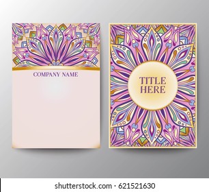 Vintage postcards with a floral mandala ornament and ornament. Vector leaflet oriental design Pattern layout, size A5. Islam, Arabic, Indian, Ottoman motifs. The first and last page. 