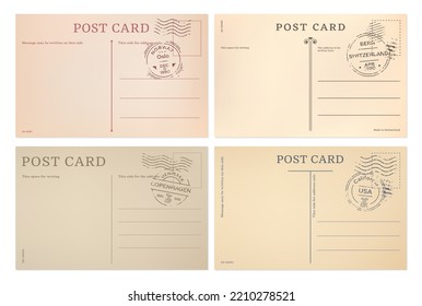Postales antiguas y plantillas de postales de Oslo, Copenhague, Berna y California. Tarjetas postales vectoras inversas con sellos postales de Noruega, Dinamarca, Estados Unidos o Suiza