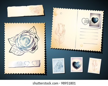 Vintage postcards with roses, vector