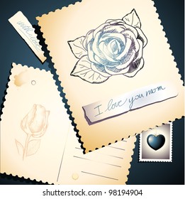 Vintage postcards with roses. Vector background