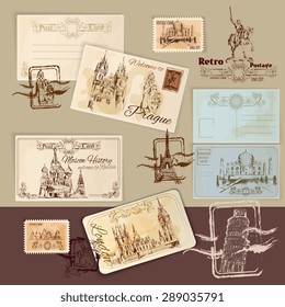 Vintage postcards template set with hand drawn landmarks and stamps vector illustration