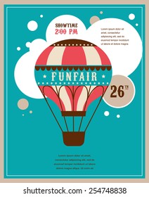 vintage poster with air balloon, fun fair, circus vector background and illustration