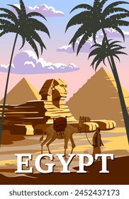 Vintage Poster Ancient Egypt Pharaoh Pyramids Sphinx . Travel to Egypt Country, Sahara desert, camel with egyptian. Retro card illustration vector