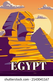 Vintage Poster Ancient Sphinx, Egypt Pharaoh Pyramids. Travel to Egypt Country, Sahara desert. Retro card illustration vector