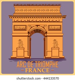 Vintage poster of Arc De Triomphe in Paris, famous monument of France. Vector illustration