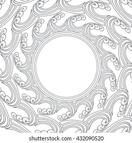 a vintage poster background with stylized ocean waves wrapping around an open circle in silver shades
