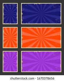 Vintage poster banner backgrounds set with grunge effect. Pop art comic book page style vector illustration.