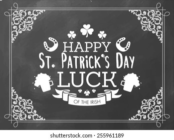 Vintage poster or banner design with stylish text Happy St. Patrick's Day on floral decorated chalkboard.