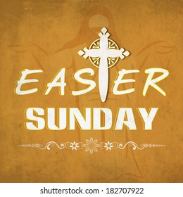 Vintage poster, banner or flyer design with stylish text Easter Sunday and Christian Cross on grungy yellow background. 
