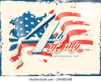 Vintage poster, banner or flyer design with stylish text 4th of July on grungy flag colors background for American Independence Day celebrations.