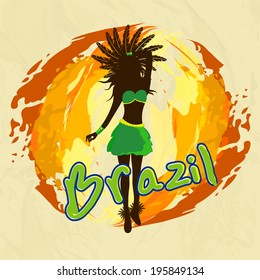 Vintage poster, banner or flyer design with illustration of a Brazilian dancer on colorful grungy background. 