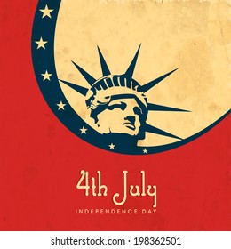 Vintage poster, banner or flyer design with illustration of Statue of Liberty on red, blue and brown background for 4th of July. 