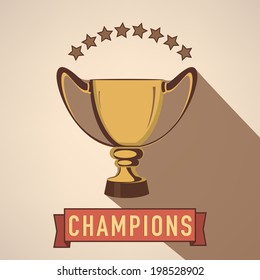 Vintage poster, banner or flyer design with golden trophy and stars on brown background with text Champions. 