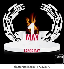 Vintage poster, banner or flyer design for 1st May Labor Day with pedestal and fire. Vector illustration
