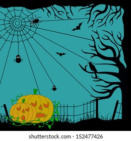 Vintage poster, banner or flyer for Halloween party night with scary pumpkins, dead trees and spiderweb.