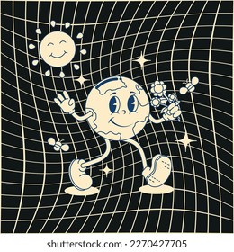 Vintage poster, banner, postcard in black and blue colors with walking happy cute Earth planet character. Vector