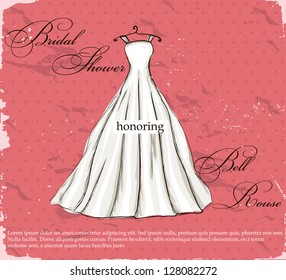 Vintage poster with beautiful wedding dress. Vector illustration EPS8