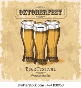 Vintage poster with beer glasses. Oktoberfest sketch, freehand drawing. Vector