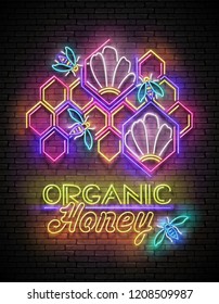 Vintage Poster with Bees in Beehive and Organic Honey Inscription. Neon Lettering. Template for Banner, Advertisement. Brick Wall, Horizontal Seamless. Vector 3d Illustration. Clipping Mask, Editable