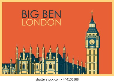 Vintage poster of Big Ben in London, famous monument of United Kingdom. Vector illustration