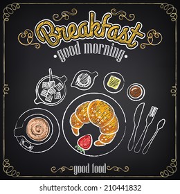 Vintage Poster. Breakfast. Croissant and coffee. Set on the chalkboard for design in retro style